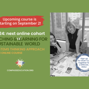 Green graphic with text that says, "2024: next online course! Teaching and learning for a sustainable world."
