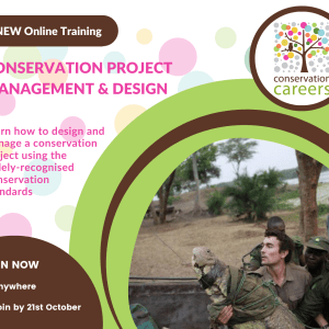 Multi-color dotted background with the Conservation Careers logo on the upper right and a photo of a group of people holding a crocodile on the bottom left. Text is in the body of the text.