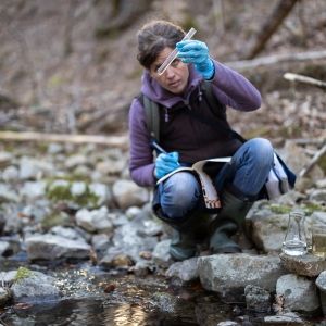 Person testing water by a creek