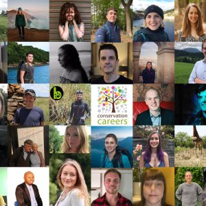 A collage of portraits with the Conservation Careers logo in the center