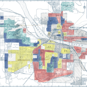A color-coded map of a city and river