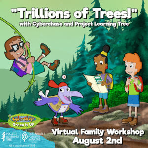 Illustration of three kids and a purple bird in a forest with white text that is included in the body of this post.
