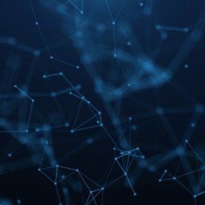 Illustration of a dark blue background filled with light blue dots connecting to form lines a polygons