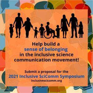 Silhouettes of many different people. Help build a sense of belonging in the inclusive communication movement! Orange background.