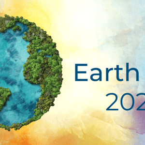 Colorful background. On top is a three-dimensional Earth with texture. On the right, is blue text that says, "Earth Day 2022."