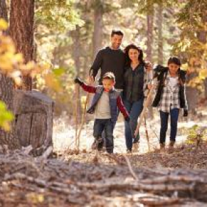 A family walks along a wooded trail