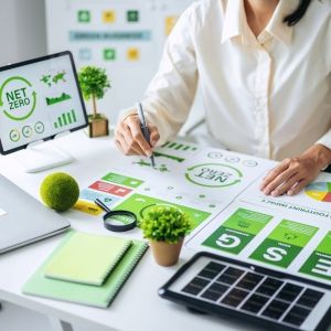 A person whose face is obscured by the top of the image ending sits at a desk covered with plants, a tablet, and business documents focused on sustainability.