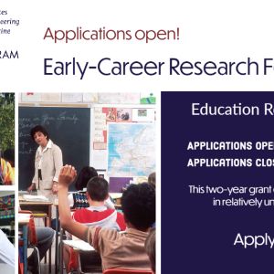 Graphic with a white background with a grid of three photos showing a classroom with students raising their hands, a student group outdoors, and a student and teacher sitting at a desk looking over a paper.