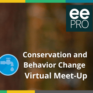 Photo of a great gray owl peeking out from a tree and white text to the right of it says, "Conservation and Behavior Change Virtual Meet-Up"