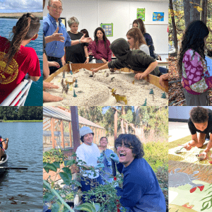 3 by 2 grid of photos: student on boat pointing to sea, students gathered around a water table demonstration, student in forest, two students in canoe, students gardening, students painting mural