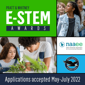 pratt & whitney e-stem awards, naaee and pratt & whitney logos, two photos of young people outside and working with pants