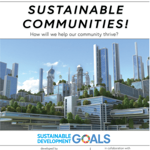 Smithsonian, Science for Global Goals, Sustainable Communities! How will we help our community thrive? Image of glass skyscrapers with trees growing on rooftops, blue sky and clouds. Sustainable Development Goals, developed by Smithsonian Science Education Center, in collaboration with sap Science Health Policy, the InterAcademy partnership