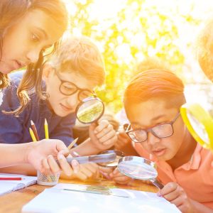 Children as little researchers and explorers look at a leaf with a magnifying glass