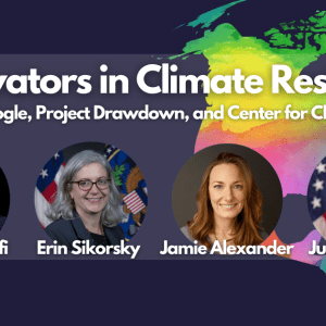 Four profile photos of persons in the middle of the graphic with a rainbow-colored map of North America in the back set against a gray background.