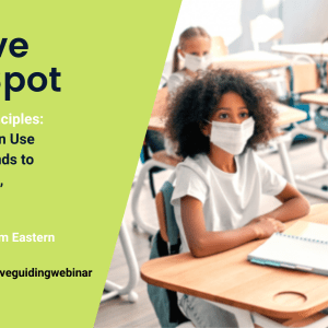 Graphic featuring students sitting at desks. They all wear masks. Notebooks lay open on the desks. 