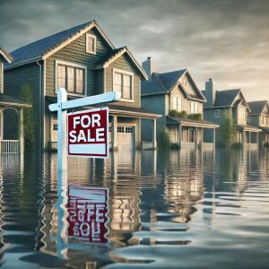 A row of houses sits in deep water with a "For Sale" sign nearest the viewer