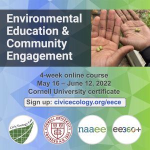 Graphic with white and dark gray text and a photo on the right of two hands holding a pair of green beans