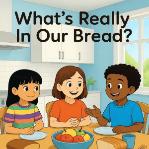 What's Really In Our Bread? From the farm to the table cover featuring three cartoon children sitting around a kitchen table