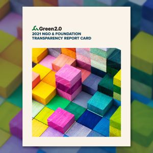 Graphic of colorful, bright wooden blocks framed by a light brown border with text that reads: Green 2.0 2021 NGO & Foundation Transparency Report Card