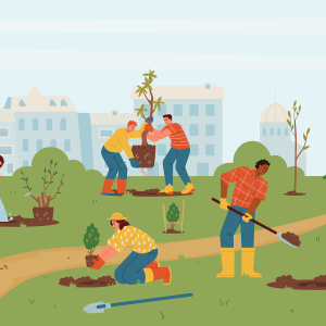 colorful illustration of people working in a city park