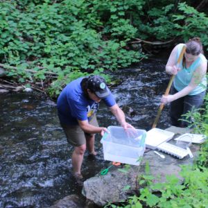 Two educators in a stream collecting water samples