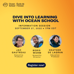 Ocean School's Free Online Information Session Poster. Event happens on Zoom on September 27 at 7pm Eastern. 