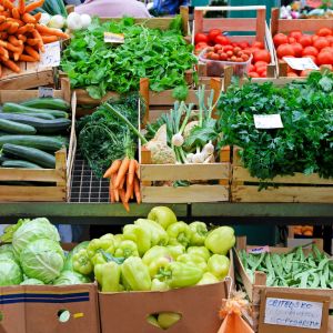 Crates of vegetables of different colors
