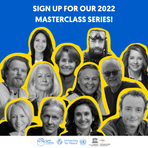 Blue box with the title "Sign up for our 2022 Master Class Series" and 12 diverse individuals smiling.