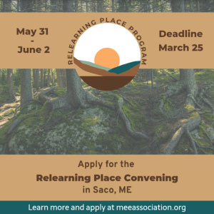 Forested background with light brown rectangle elements in the front. Brown text and a circle illustration of a sun rising above hills. Text in post.