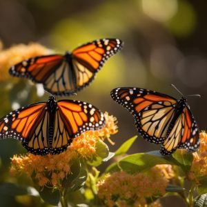 Three monarch butterflies on flower in Summer