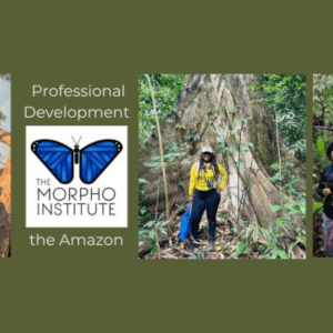 Green background with photos of people studying in a jungle, and the Morpho Institute logo in the middle