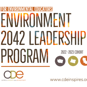 White background with colorful text in front that says, "For Environmental Educators/Environment 2042 Leadership Program/CDE." To the right of the colorful text is brown text that says, "2022-2023 Cohort." Under this text are three icons of the states of Washington, Oregon, and California. At the bottom is "www.cdeinspires.org."