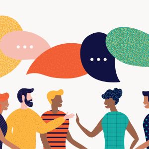 Colorful illustration of five people conversing with speech bubbles