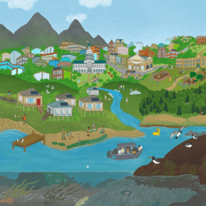 Painting of cityscape at base of mountains and near lake, people gardening, doing outdoor research, in boat, bright colors throughout