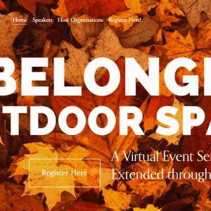 A graphic reads "On Belonging in Outdoor Spaces" over an image of fallen leaves.