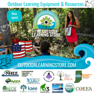 Graphic with a photo of a group of students in a forest with bird and waves, and a flag illustration