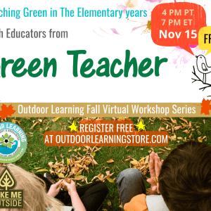 Graphic divided in two with the top half being a white background with text, included in the post, and the bottom half being a photo of two kids sitting on a grassy, leaf-covered ground