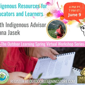 White background graphic. The bottom half is a photo of hands holding a notebook. Top half has text that says, "Indigenous Resources for Educators and Learners With Indigenous Advisor Jenna Jasek"