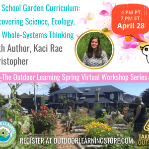 Bottom half of background is a photo of a community garden. Top half is blue and dark grey text against a white background. Text is included in post. Profile photo of a woman with brown hair is offset to the left.