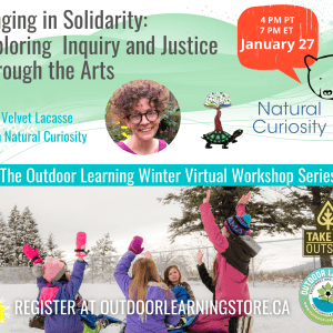 Colorful graphic of children in an outdoor school during winter