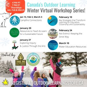 Flyer with white background and framed by snowflake and polar bear illustrations. Centered is text showing schedule line-up. Bottom half of flyer is a photo of children raising their hands outside in the snow.
