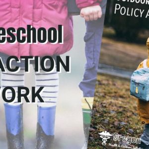 "Outdoor preschool policy action framework" background images of young children dressed in raincoats, rain boots walking outside