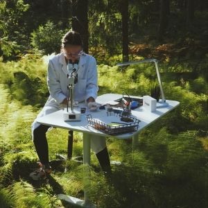 A person sits at a research table in a grassy forested area