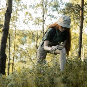 A person in a wooded area looks at the grass below them with a magnifying glass
