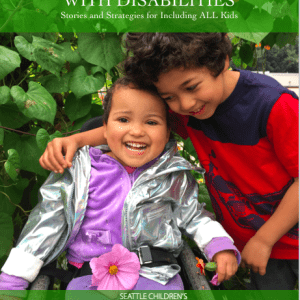 Cover of the PlayGarden's Inclusion Toolkit- two preschoolers hug one is uses a wheelchair. They are in front of a green nature background.
