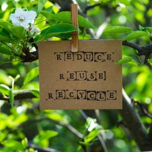 A piece of paper clipped to a tree that reads "Reduce, Reuse, Recycle"