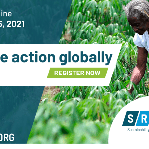 Inspire action globally. Register now. Person looking at plants.