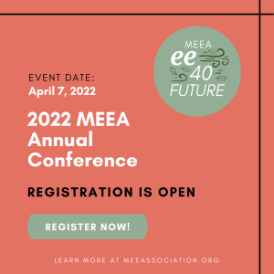 Orange background with black and white text (included in post). Green circle MEEA ee 40 FUTURE logo in upper right corner.