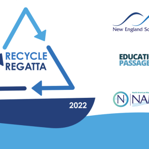 recycle regatta log, blue arrows in form of sail over boat, New England Science & Sailing, Educational Passages, NAMEPA