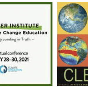 Promotional graphic reading: Summer Institute for Climate Change Education. Accompanied by a color graphic of four globes under heat maps, with the word Clean. 
